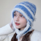 Gestreifte Plüsch Haufen Haufen Kappe Warme Casual Gesicht Abnehmen Gestrickte Hut Toque Trendy